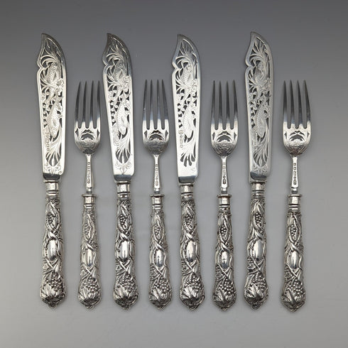 1840 British Antique Pure Silver Handle Fish Cutlery, 4 Pairs, William Sansom